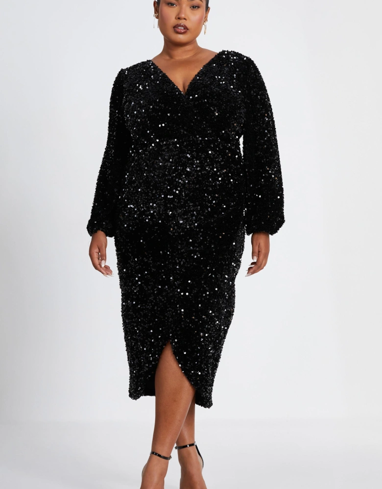 Black Curve Sequin Midi Dress