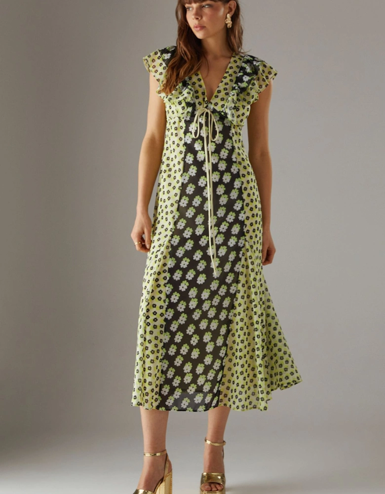 Mixed Floral Frill Tie Front Midi Tea Dress