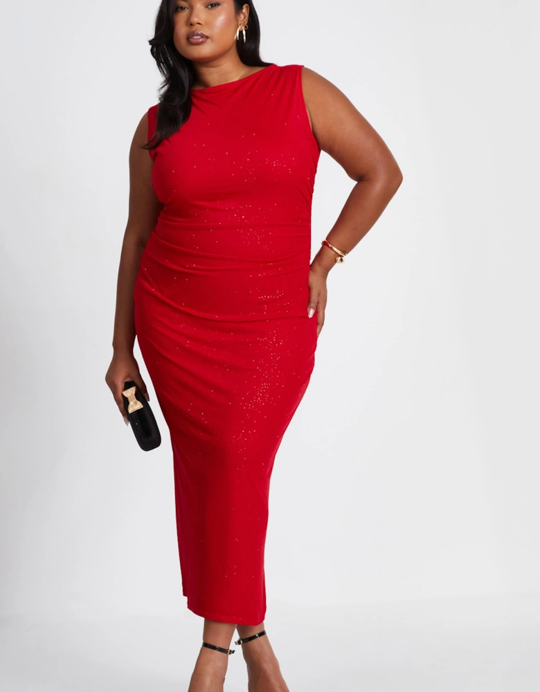 Red Curve Glitter Mesh Midaxi Dress