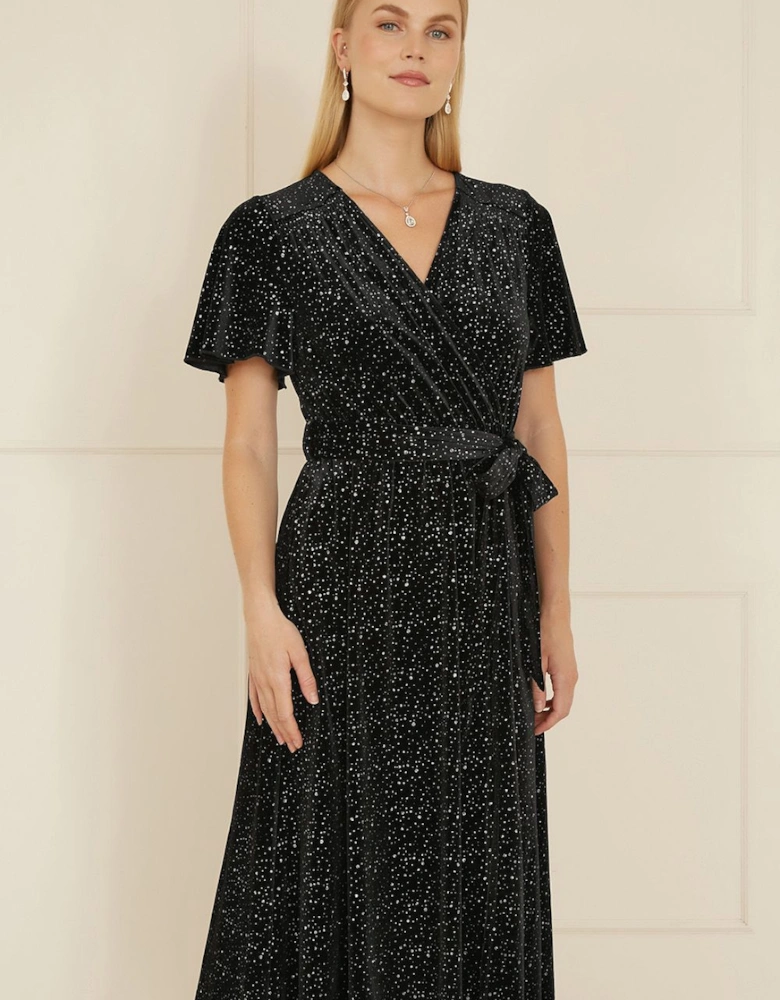 Black Velvet Sparkle Wrap Midi Dress