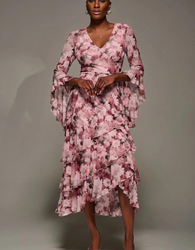 Mesh Ruffle Sleeve Tiered Midaxi Dress