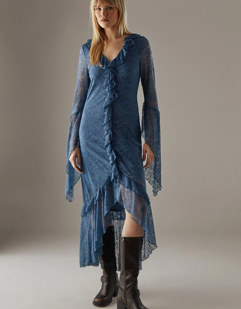 Lace Button Through Ruffle Maxi Dress