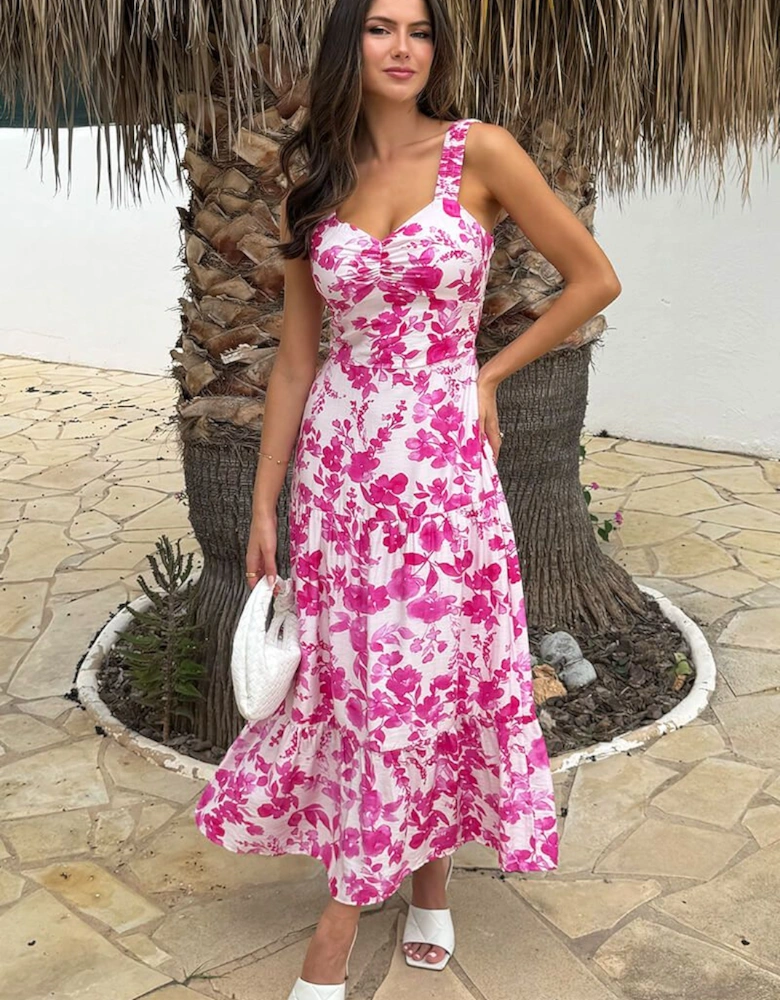 Pink And White Floral Print Shirred Straps Tiered Midi Dress