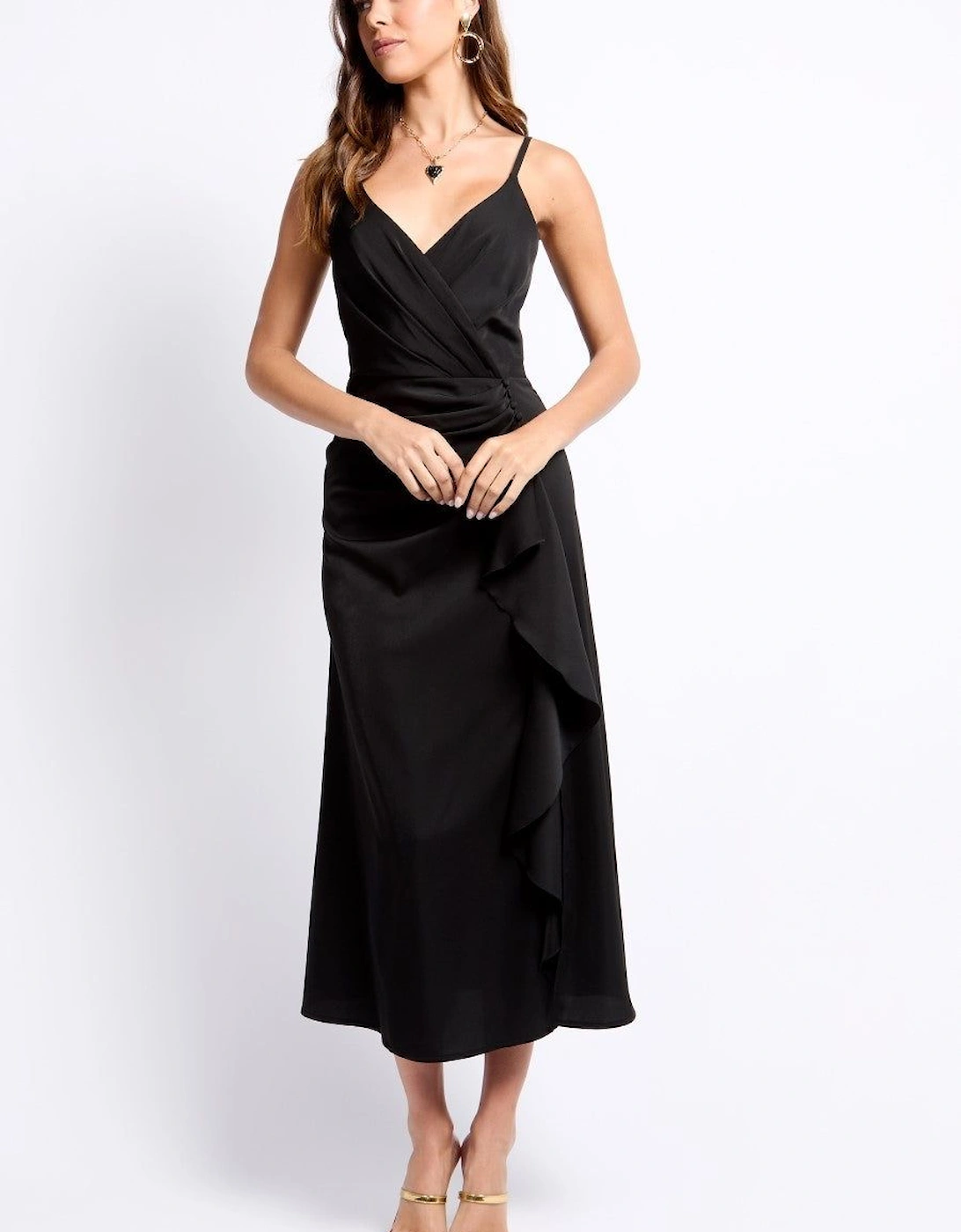 iSKA Black Satin Draped Frill Midaxi Dress, 2 of 1
