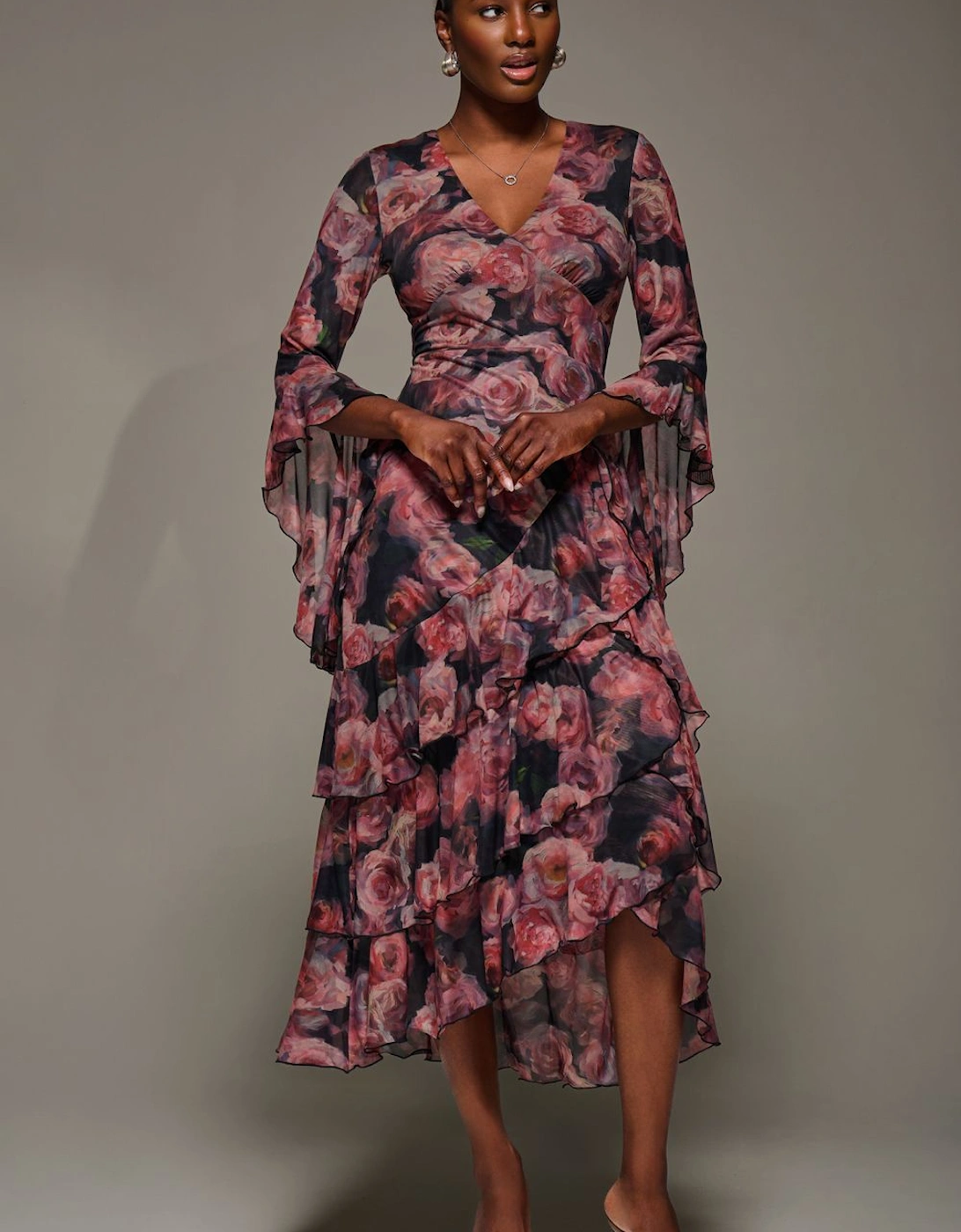 Mesh Ruffle Sleeve Tiered Midaxi Dress, 2 of 1