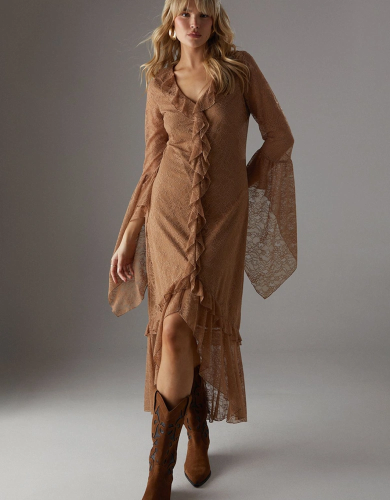 Lace Button Through Ruffle Maxi Dress