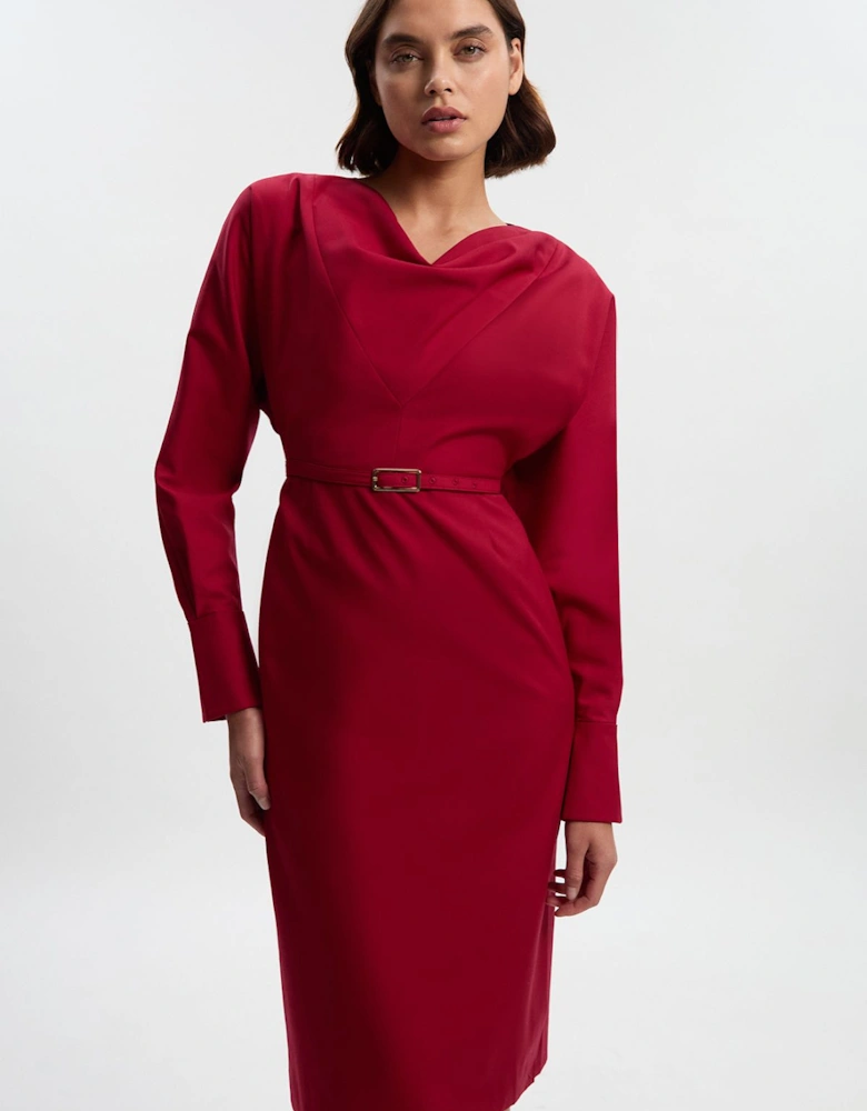 Polished Cowl Neck Tailored Pencil Midi Dress