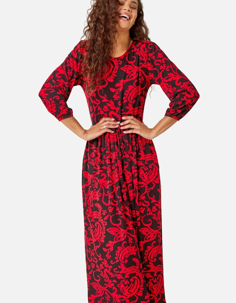 Paisley Print Pocket Midi Stretch Dress