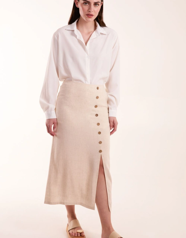 Linen Button Front Midi Skirt