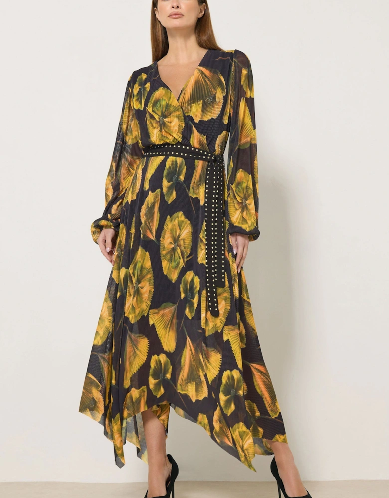 Floral Mesh Pleated Maxi Dress