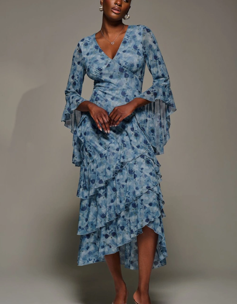 Mesh Ruffle Sleeve Tiered Midaxi Dress