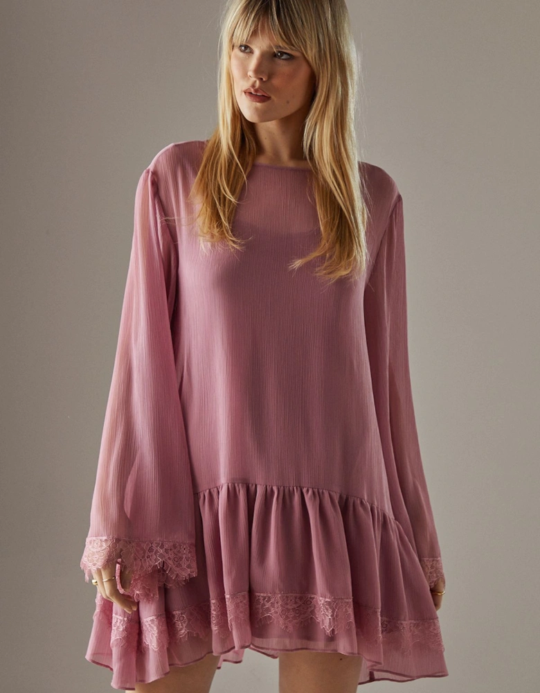 Chiffon Lace Flared Sleeve Drop Hem Mini Dress