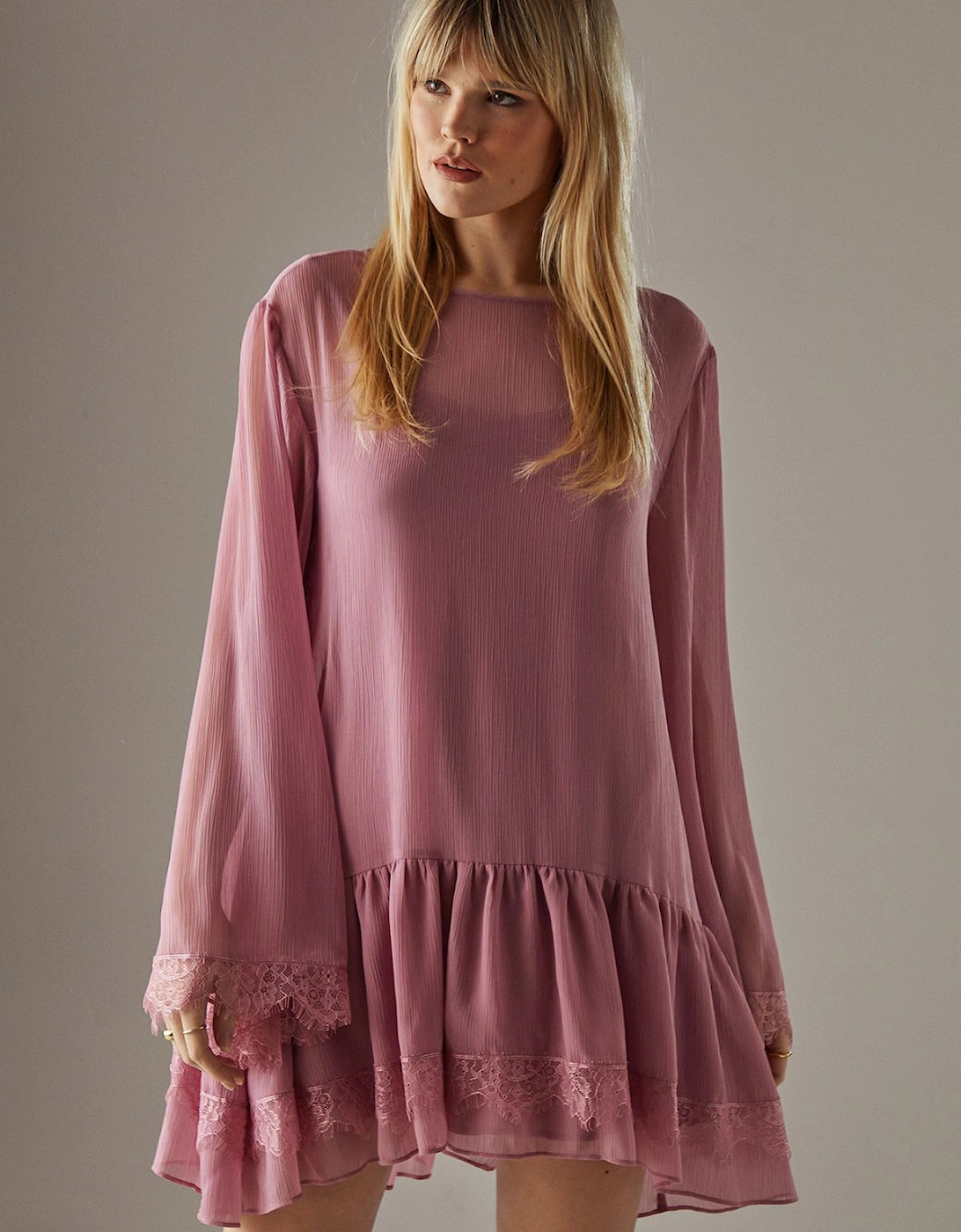 Chiffon Lace Flared Sleeve Drop Hem Mini Dress, 2 of 1