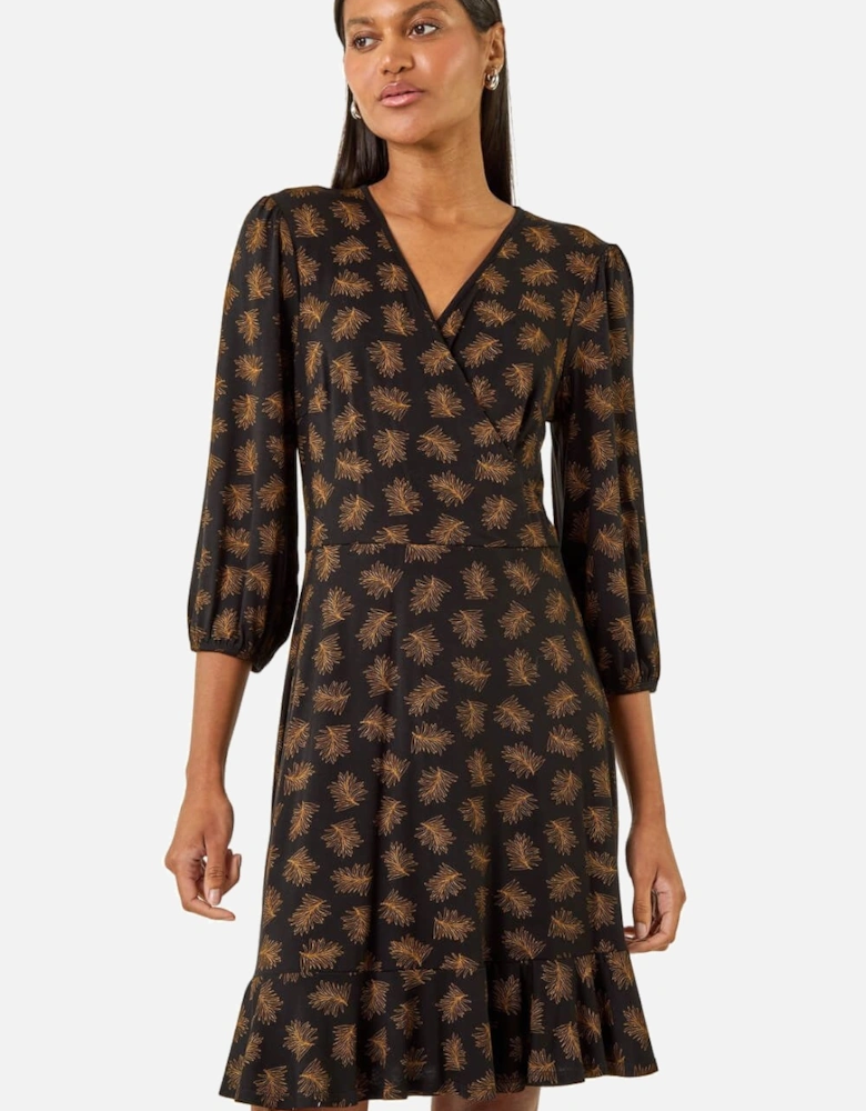 Leaf Print Wrap Stretch Dress