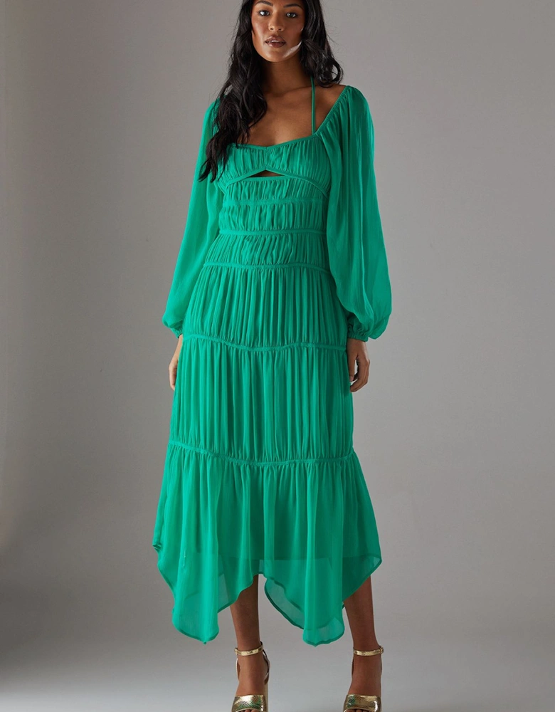 Chiffon Gathered Seam Halter Tie Hanky Hem Midi Dress