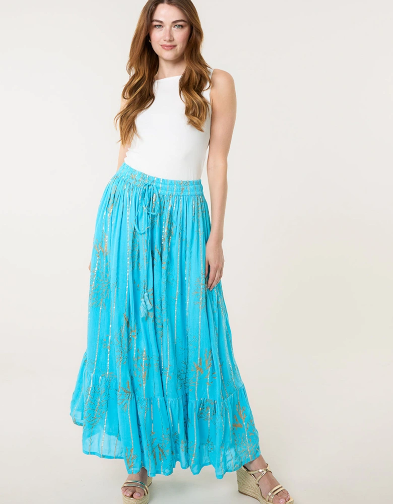 Aqua Gold Foil Print Peplum Hem Skirt