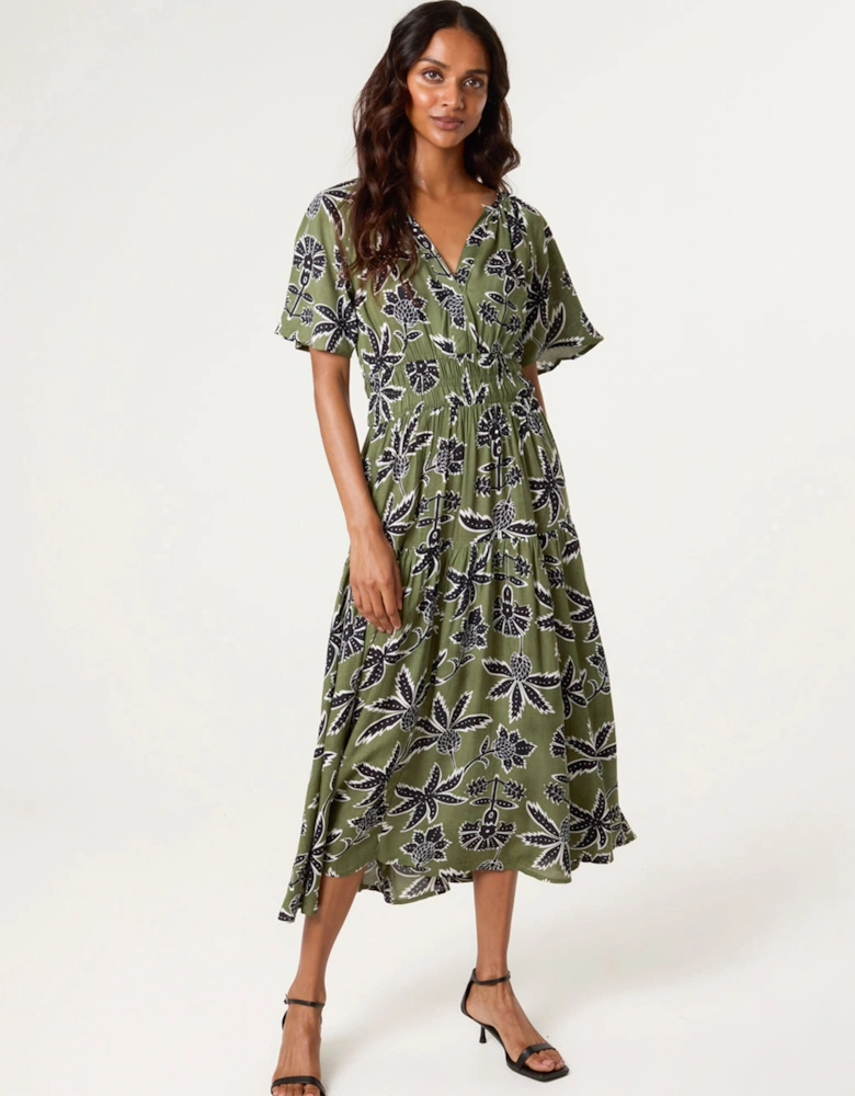Khaki Notch Neck Elastic Tropical Print Dress