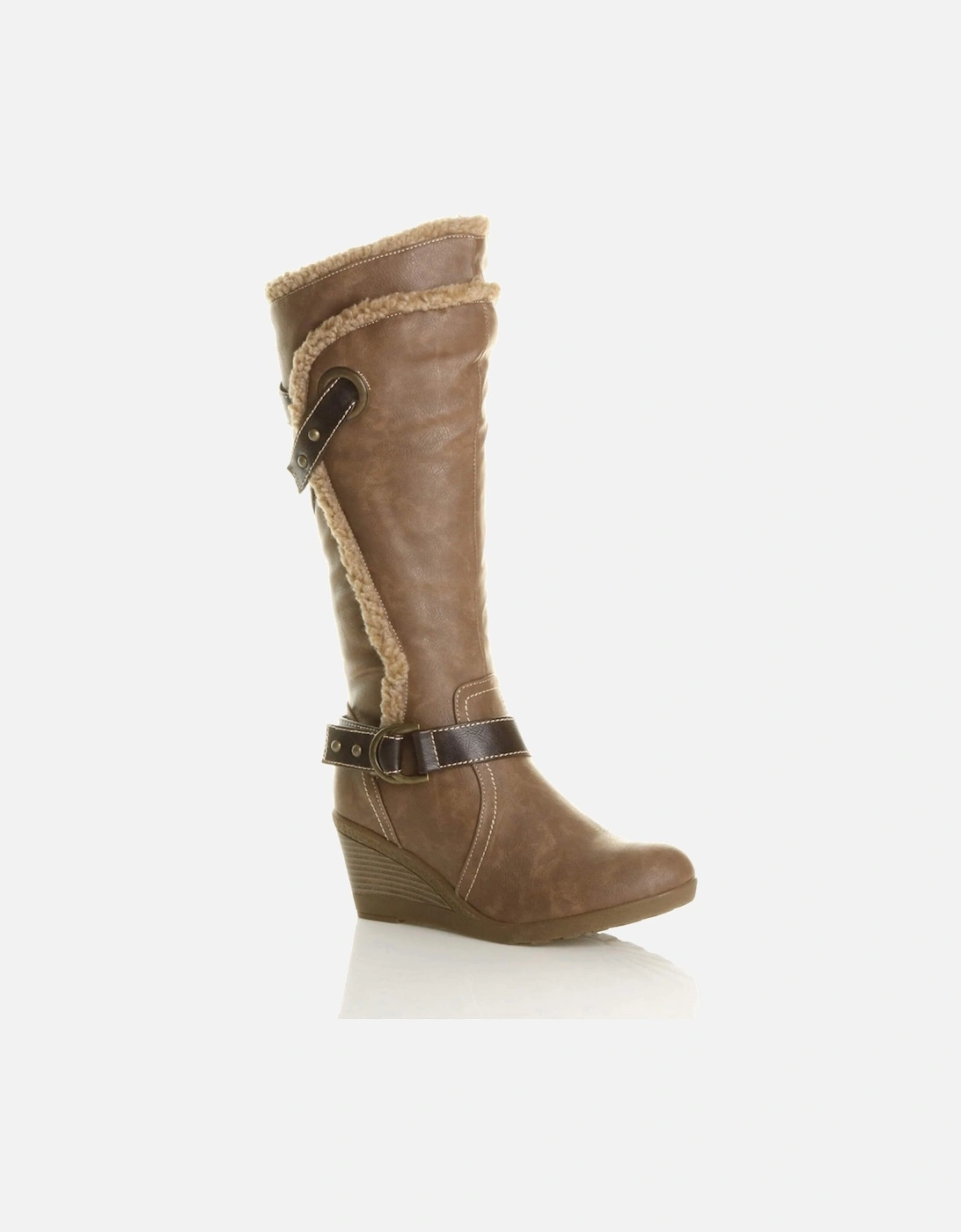 Mid Wedge Heel Faux Fur Trim Biker  Calf Boots, 2 of 1