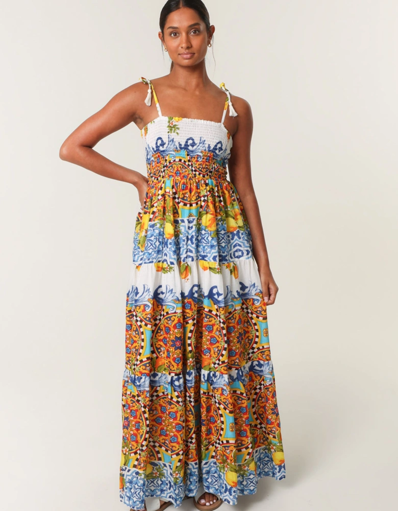 Multi Lemon Abstract Print Shirred Maxi Dress