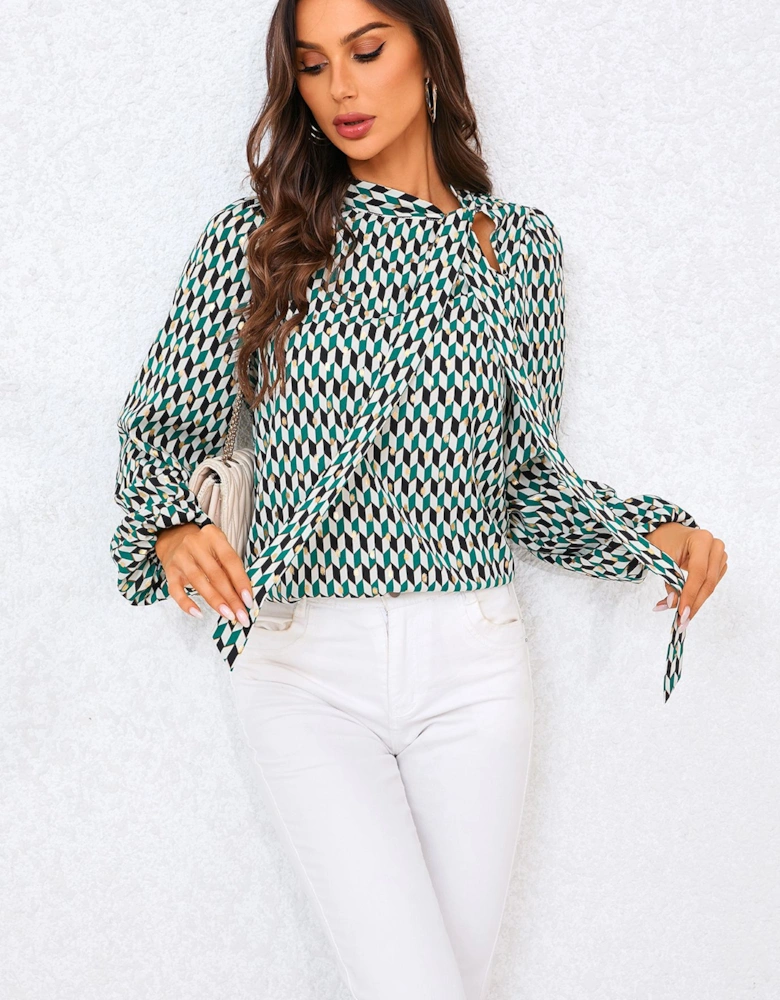 Geo Print Side Tie Blouse Top