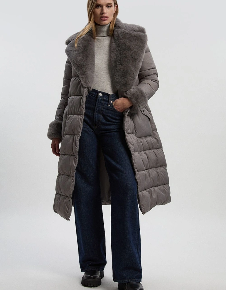Petite Faux Fur Lined Belted Longline Puffer Coat