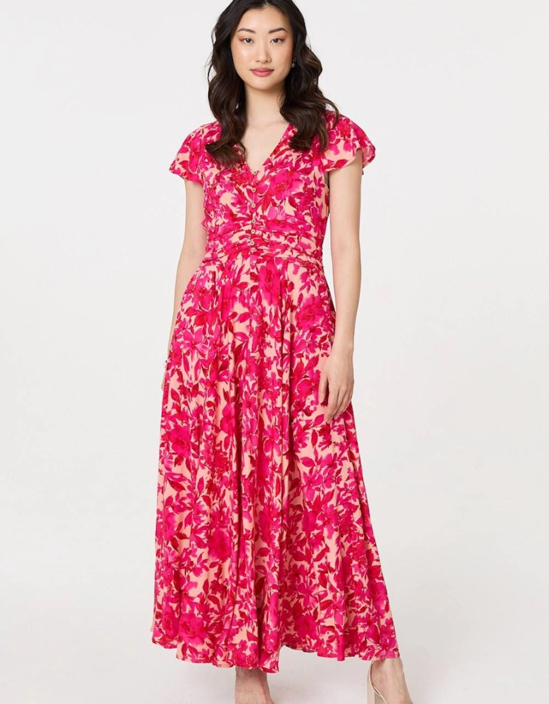 Floral Cap Sleeve Ruched Maxi Dress