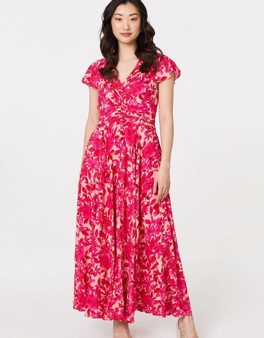 Floral Cap Sleeve Ruched Maxi Dress, 2 of 1