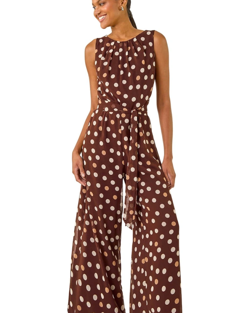 Spot Print Chiffon Belted Jumpsuit
