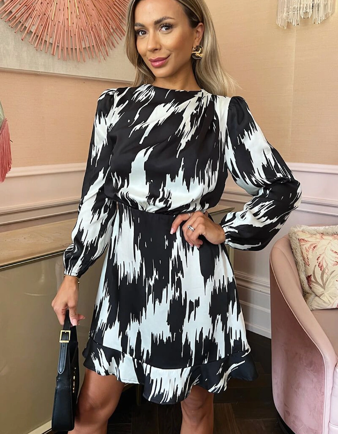 Black And White Printed Long Sleeve Pleated Shoulder Mini Dress, 2 of 1