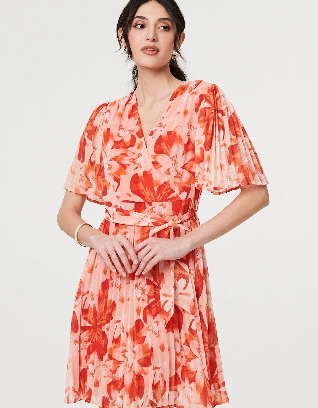 Floral Pleated Angel Sleeve Mini Dress, 2 of 1