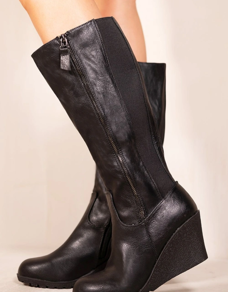 'Lara' Wedge Heel Mid Calf High Boots With Side Zip