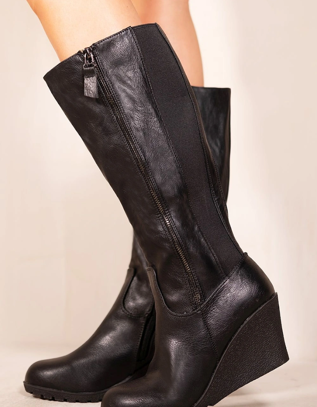 'Lara' Wedge Heel Mid Calf High Boots With Side Zip, 2 of 1