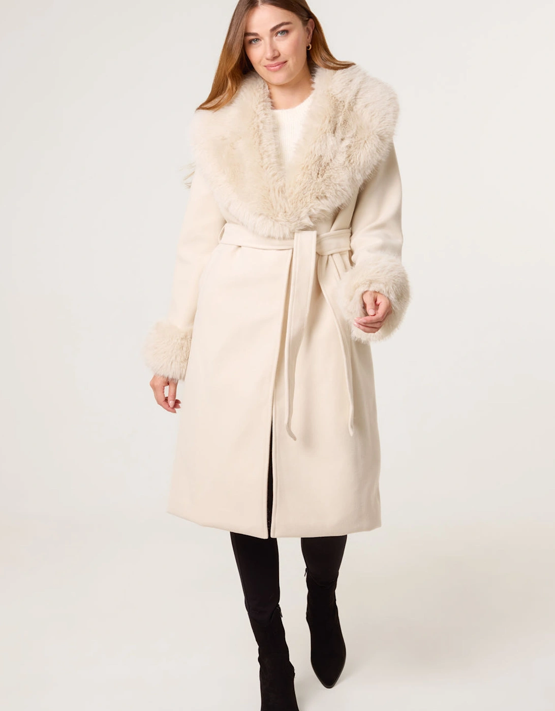 Light Brown Wrap Front Faux Fur Collar & Cuff Coat, 2 of 1