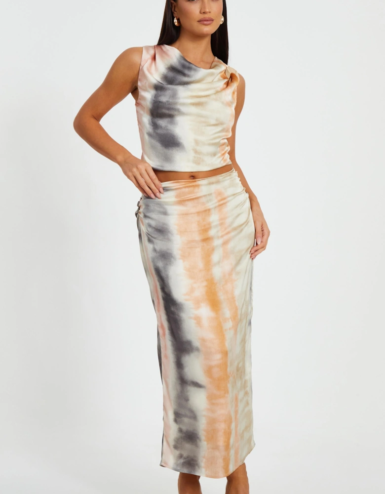 Multi Satin Marble Print Maxi Skirt