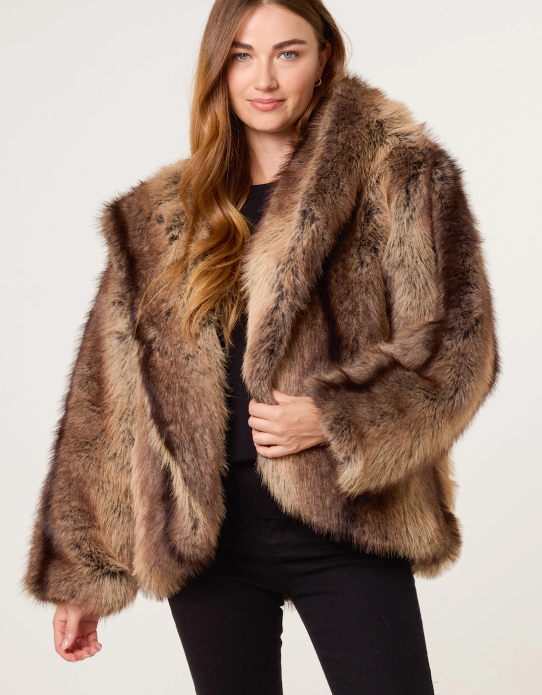 Brown Brown Two Tone Faux Fur Hooded Coat, 2 of 1
