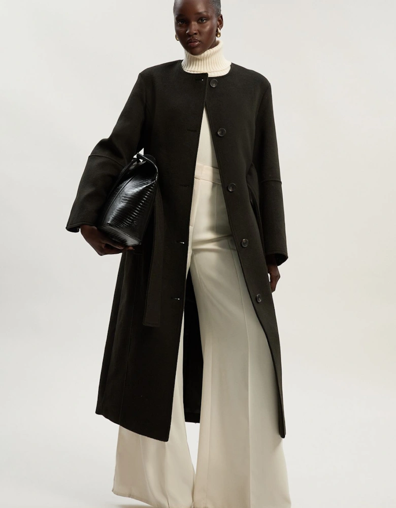 Brushed Wool Single Breasted Belted Tailored Maxi Coat