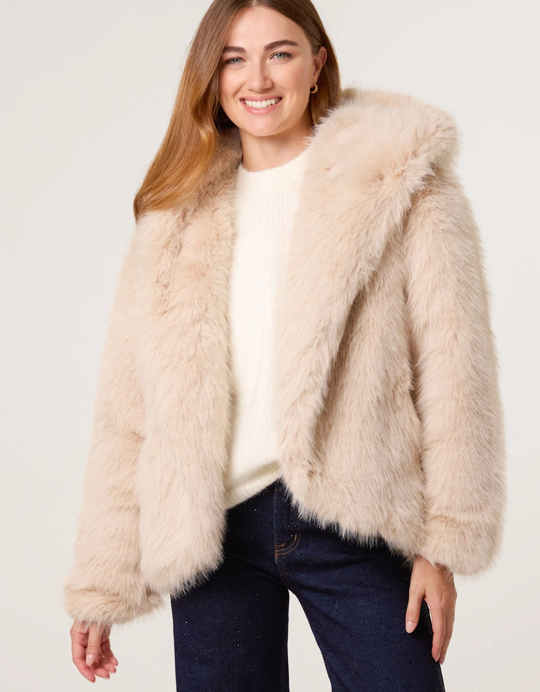 Light Brown Faux Fur Hooded Short Coat, 2 of 1
