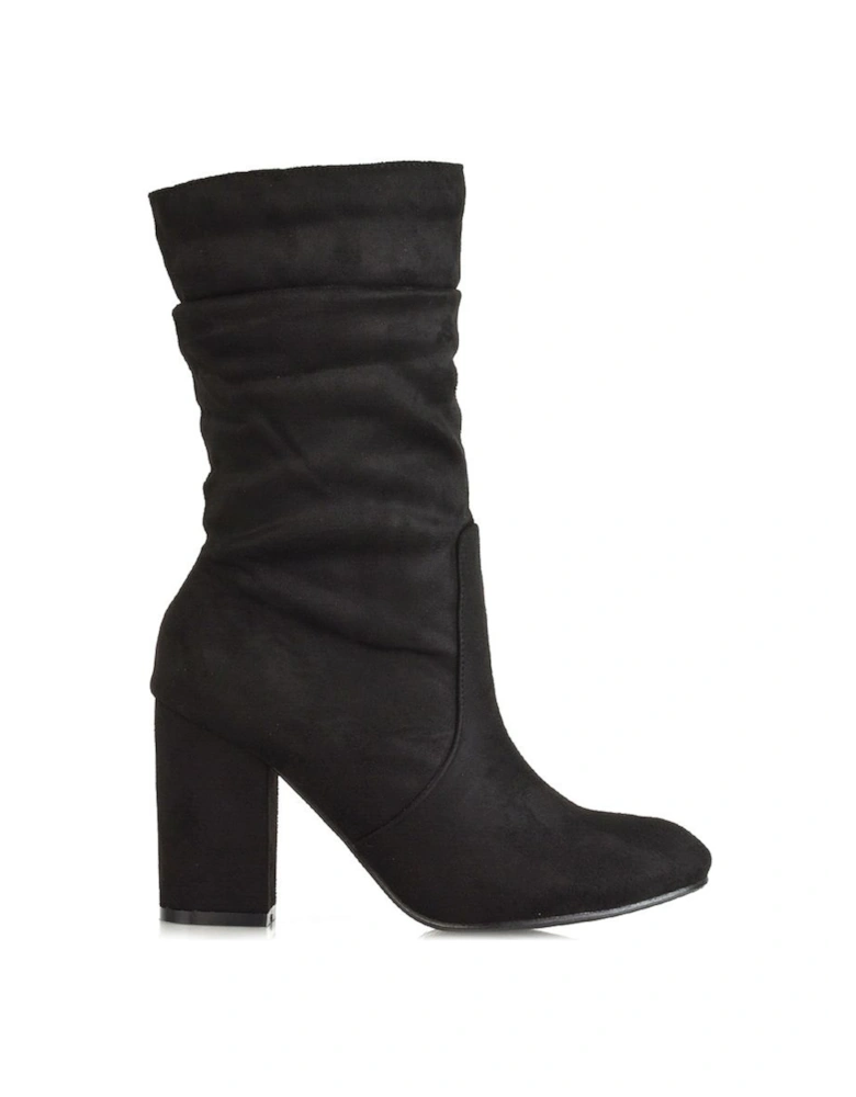 'Belle' Mid Calf High Block Heel Ruched Boots
