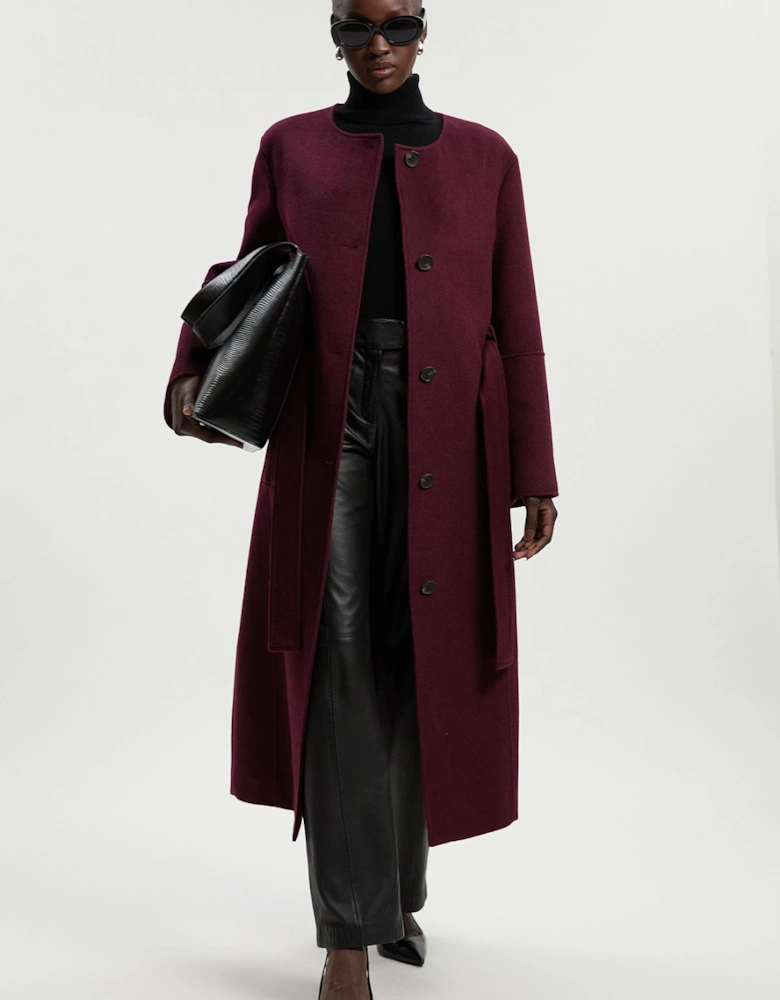 Brushed Wool Single Breasted Belted Tailored Maxi Coat
