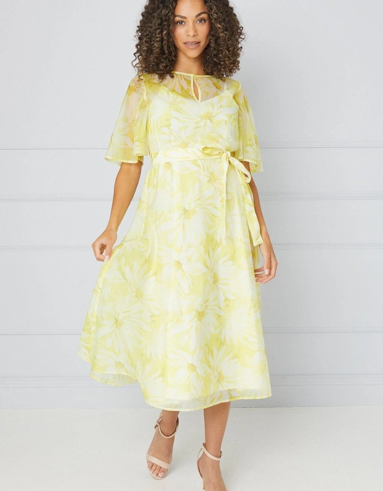 Floral Organza Angel Sleeve Midi Dress