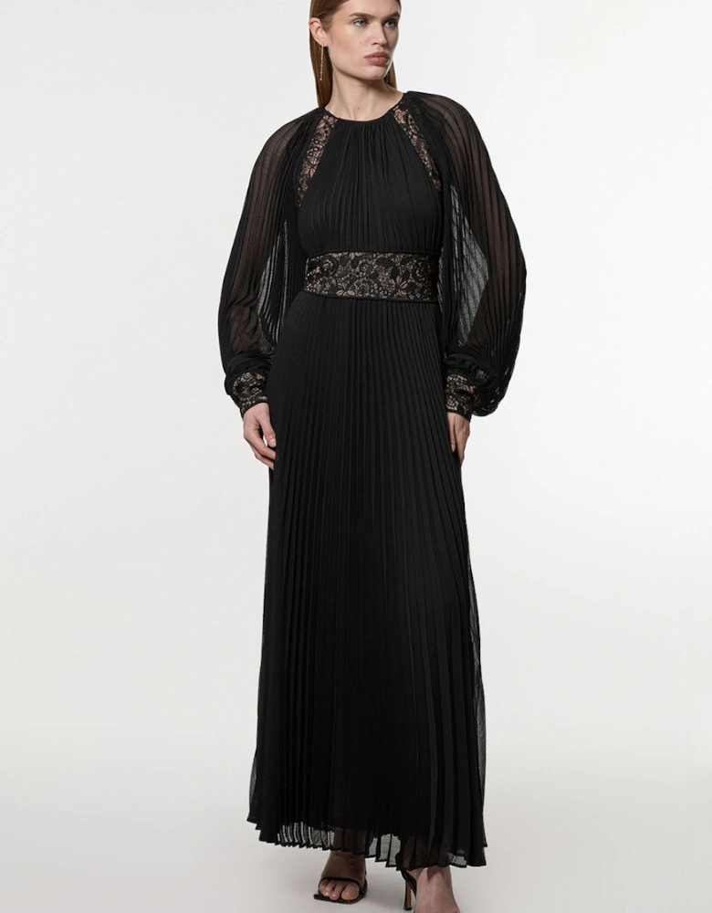 Viscose Georgette Pleated Woven Maxi Dress With Sheer Lace Panel Detail