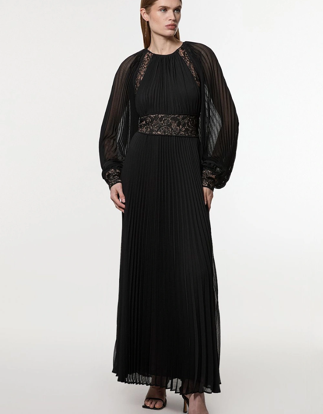 Viscose Georgette Pleated Woven Maxi Dress With Sheer Lace Panel Detail, 2 of 1