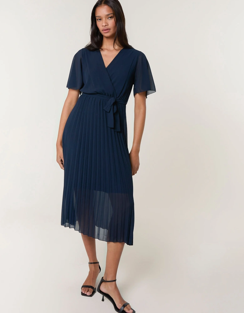 Navy Pleated Chiffon Dress
