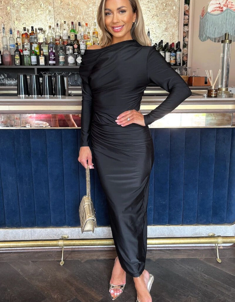 Black Off The Shoulder Long Sleeved Draped Midi Dress