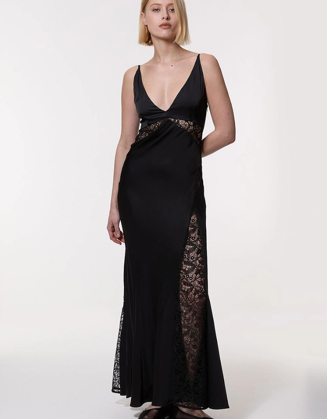 Viscose Satin Woven Maxi Dress With Lace Panelled Detail, 2 of 1