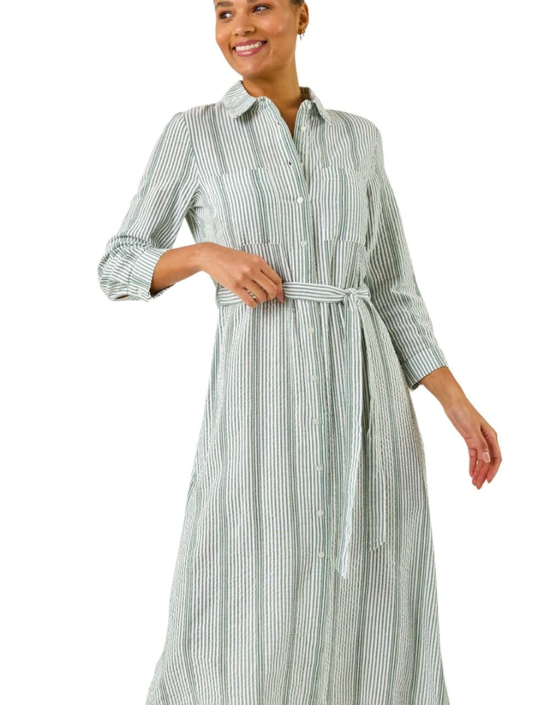 Textured Stripe Belted Shirt Dress