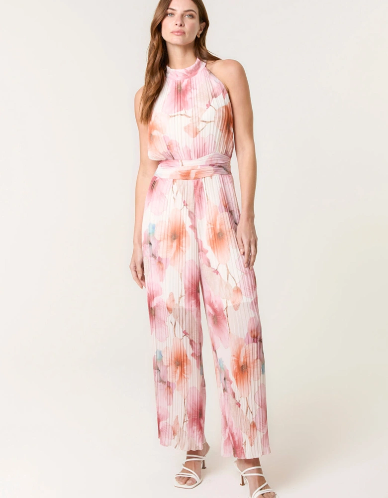 Pink Pleated Halter Neck Floral Jumpsuit