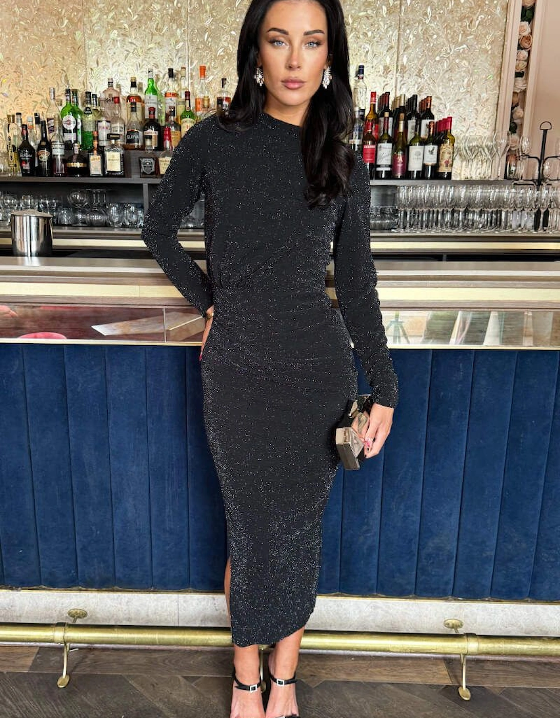 Black Sparkly Long Sleeve Ruched Bodycon Midi Dress, 2 of 1