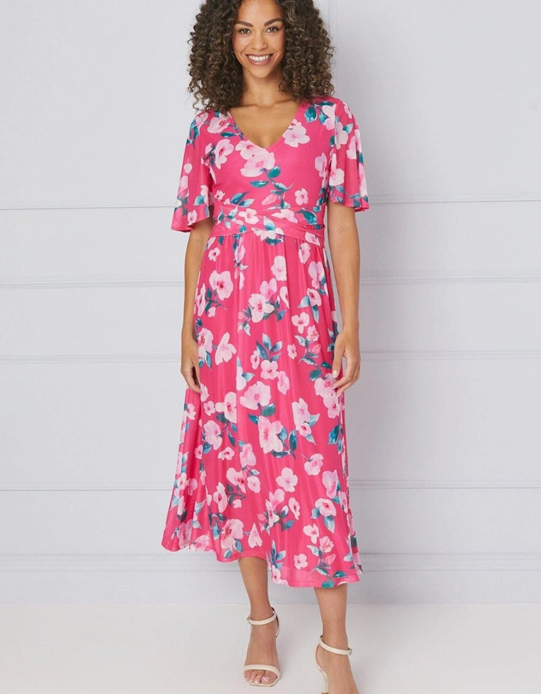 Floral Mesh Wrap Waist Midi Dress