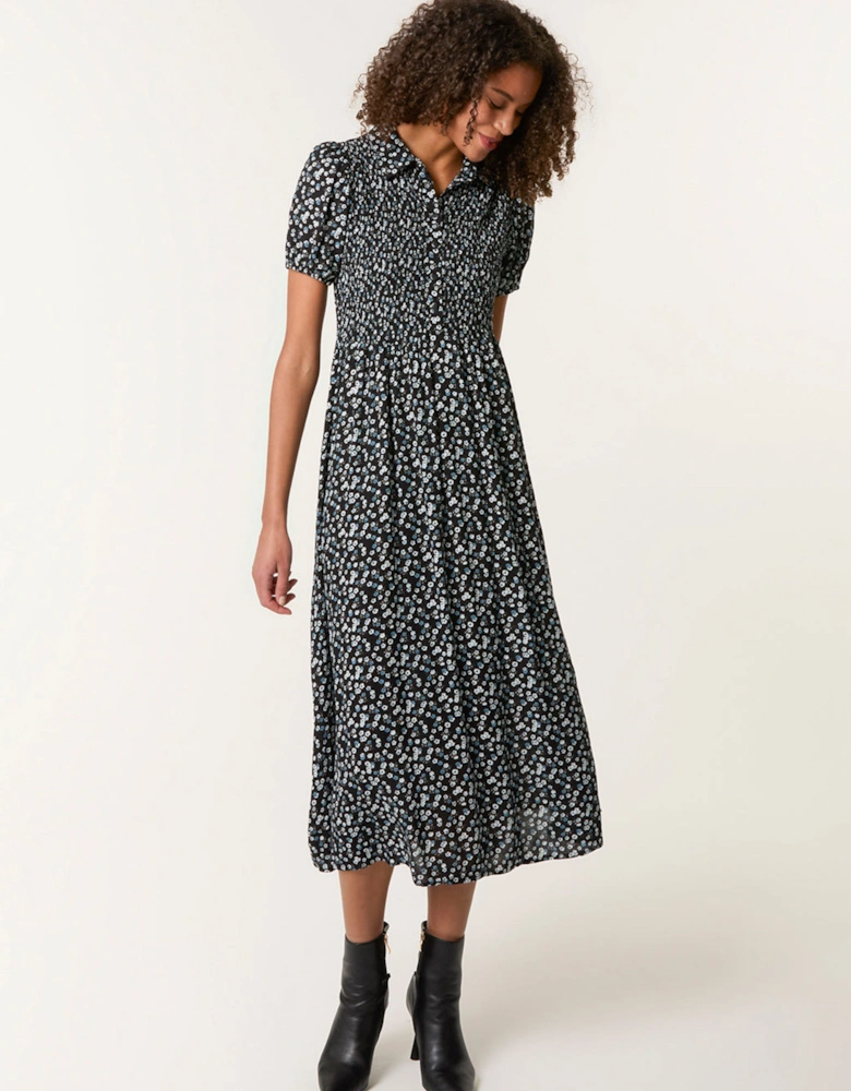 Black Ditsy Floral Puff Sleeve Shirred Dress